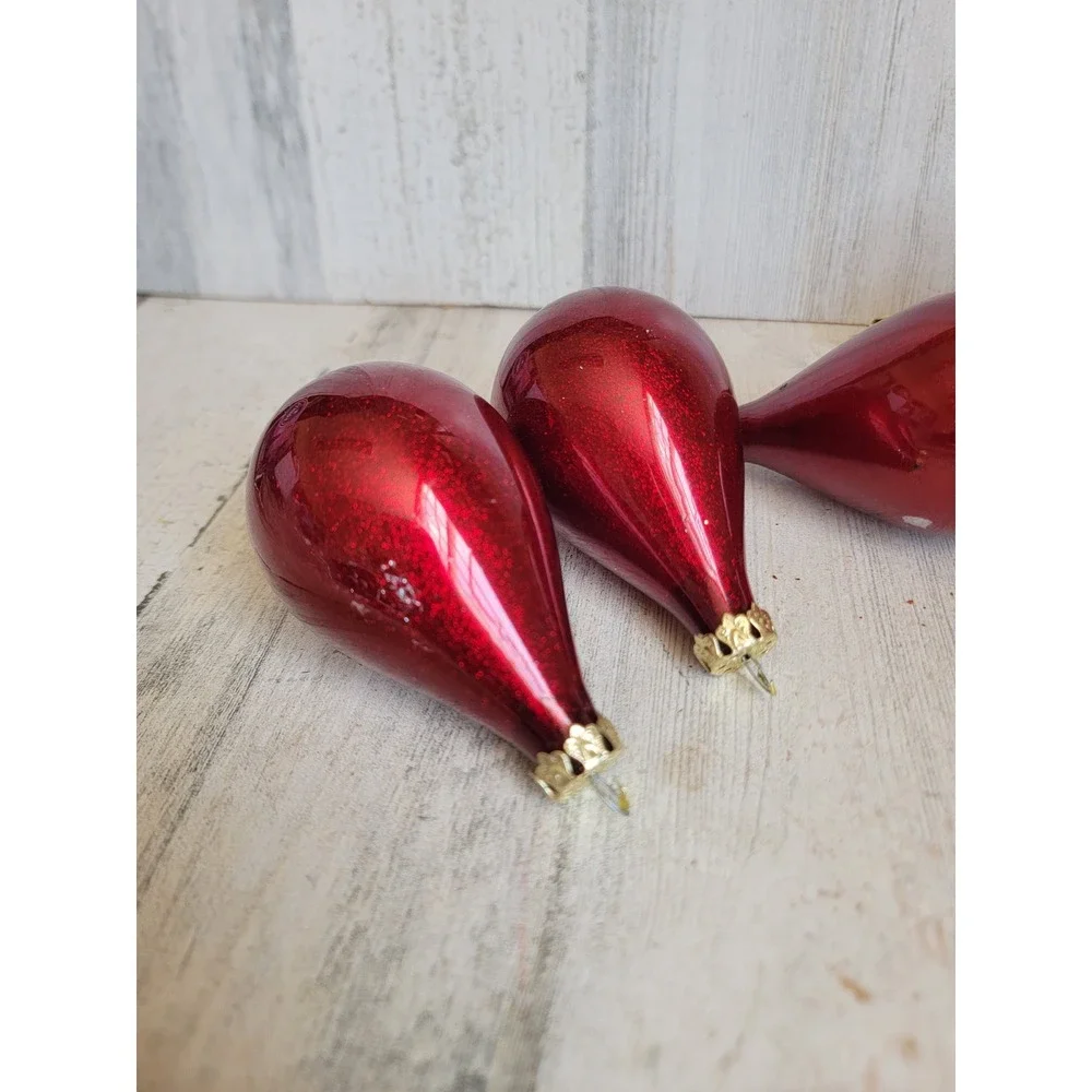 Vintage dark red glitter teardrop glass ornament Xmas set unique home decor